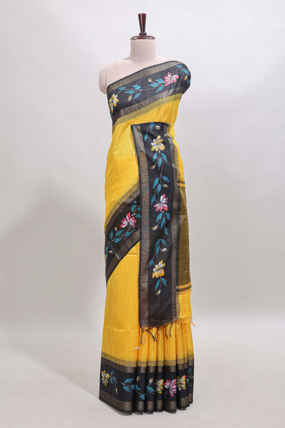 Yellow checked semi tussar saree with contrast floral vine border and blouse
