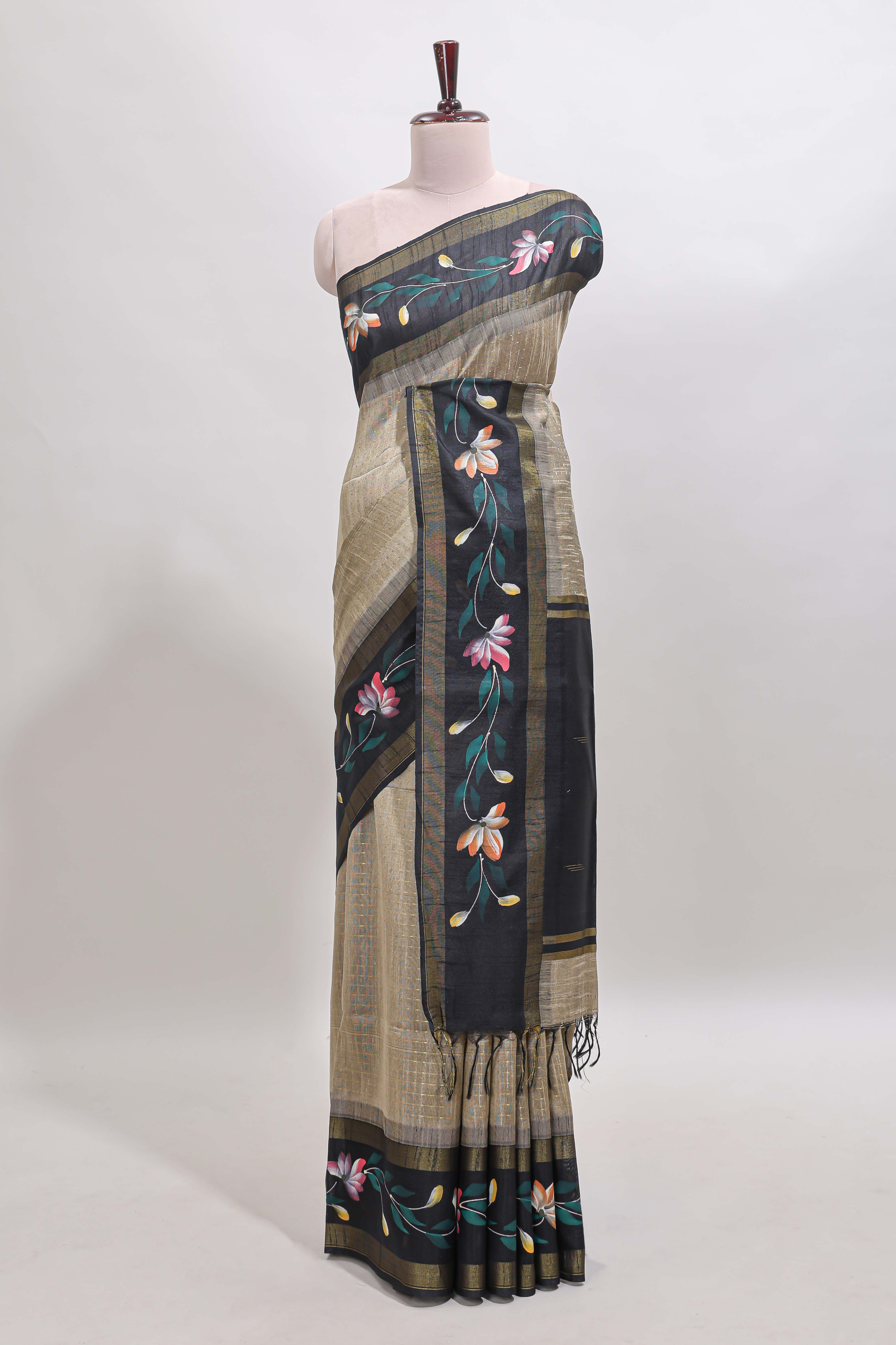 Beige checked semi tussar saree with contrast floral vine border and blouse