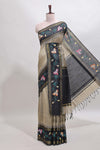 Beige checked semi tussar saree with contrast floral vine border and blouse