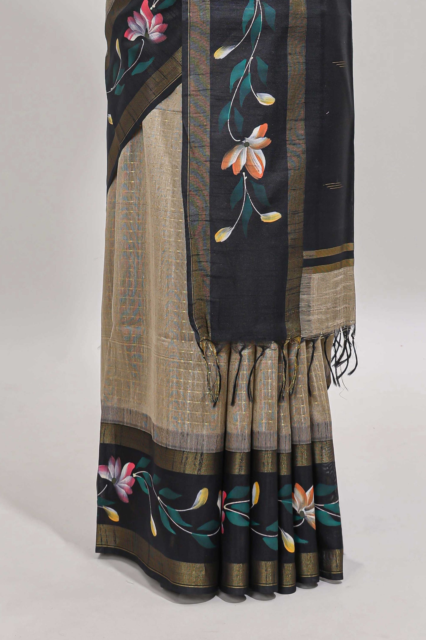 Beige checked semi tussar saree with contrast floral vine border and blouse
