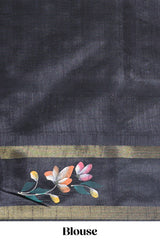 Beige checked semi tussar saree with contrast floral vine border and blouse