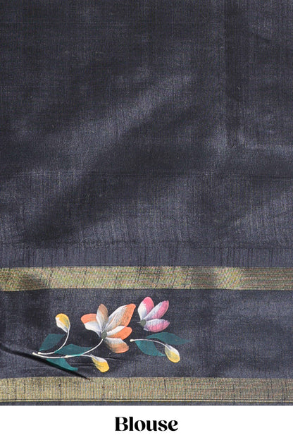 Beige checked semi tussar saree with contrast floral vine border and blouse