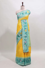 Yellow checked semi tussar saree with contrast floral vine border and blouse