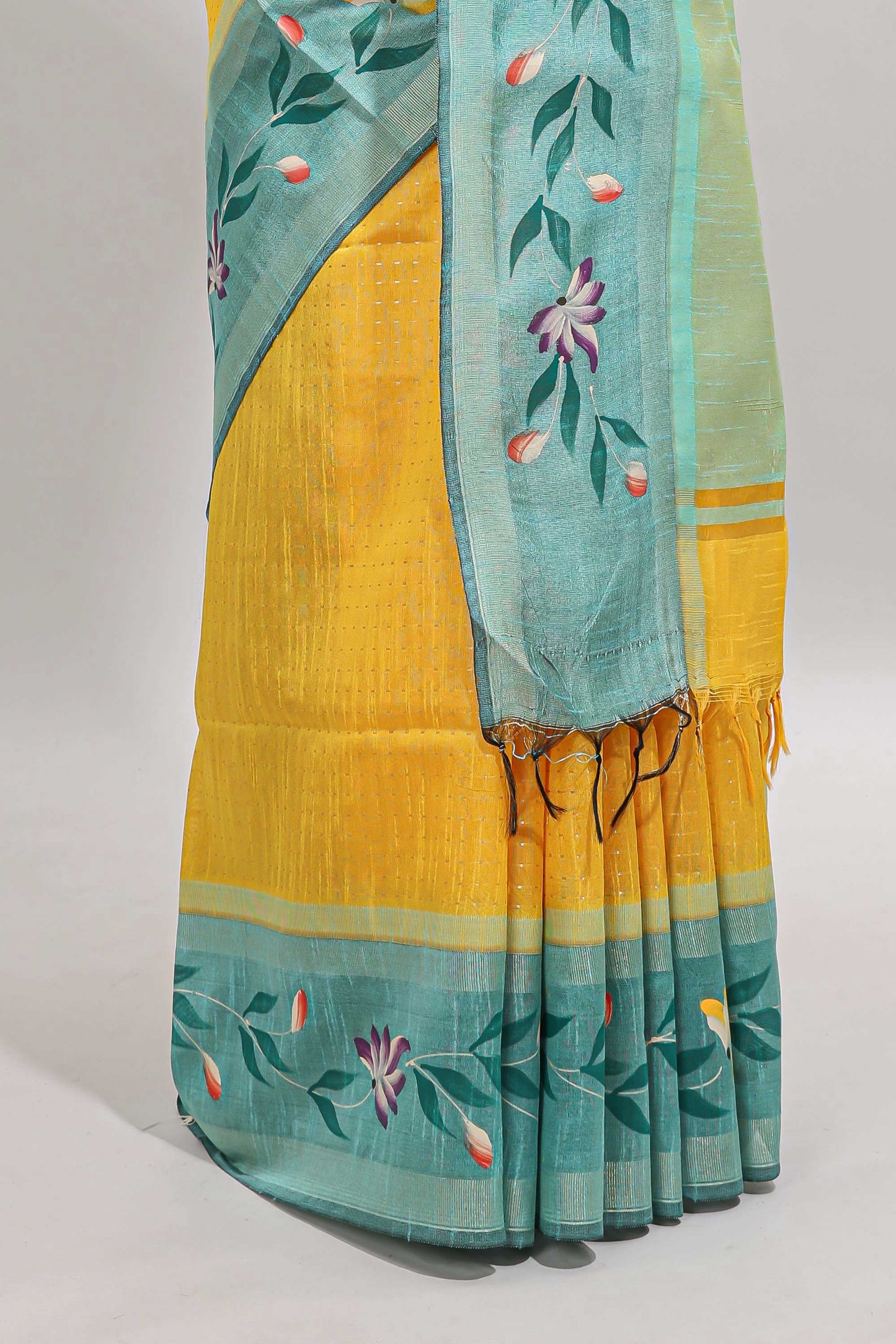 Yellow checked semi tussar saree with contrast floral vine border and blouse