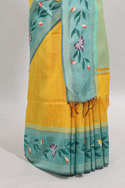 Yellow checked semi tussar saree with contrast floral vine border and blouse