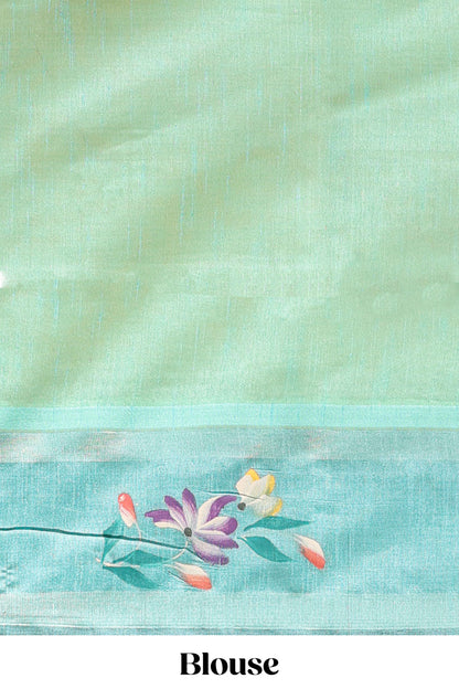 Yellow checked semi tussar saree with contrast floral vine border and blouse