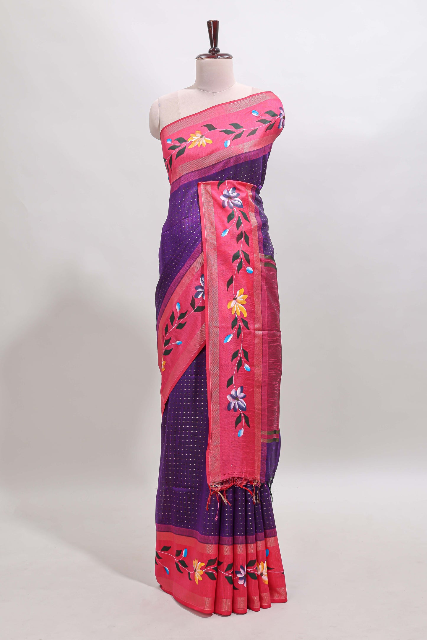 Violet checked semi tussar saree with contrast floral vine border and blouse