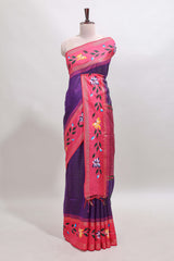 Violet checked semi tussar saree with contrast floral vine border and blouse