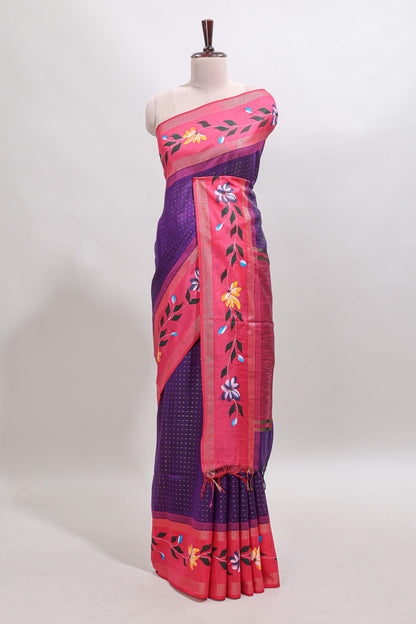 Violet checked semi tussar saree with contrast floral vine border and blouse