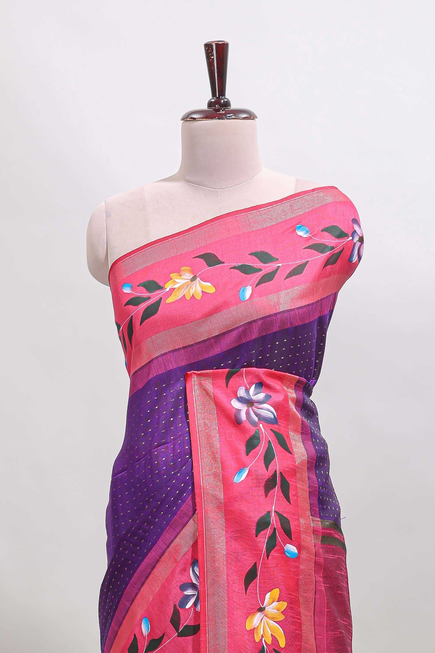 Violet checked semi tussar saree with contrast floral vine border and blouse