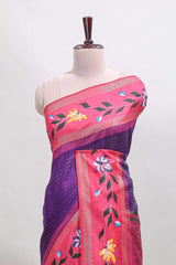 Violet checked semi tussar saree with contrast floral vine border and blouse