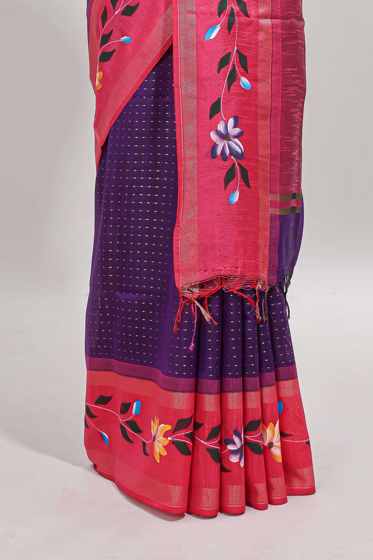 Violet checked semi tussar saree with contrast floral vine border and blouse