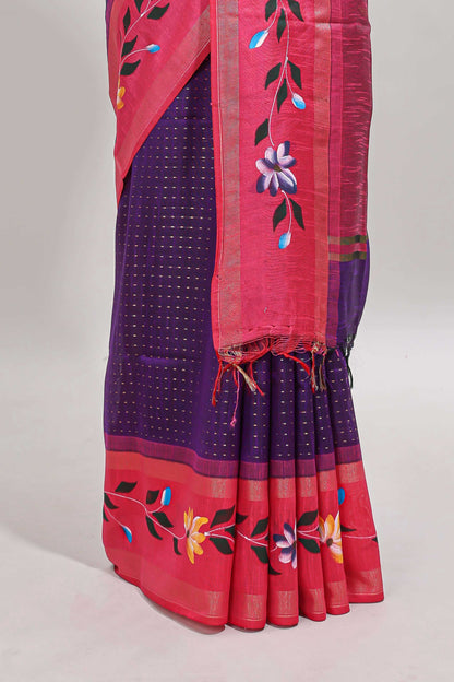 Violet checked semi tussar saree with contrast floral vine border and blouse
