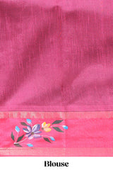 Violet checked semi tussar saree with contrast floral vine border and blouse