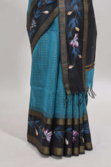 Teal blue checked semi tussar saree with contrast floral vine border and blouse