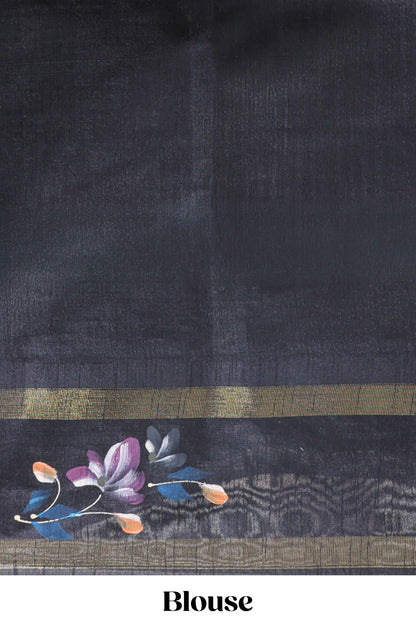 Teal blue checked semi tussar saree with contrast floral vine border and blouse