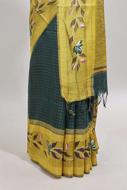 Green checked semi tussar saree with contrast floral vine border and blouse
