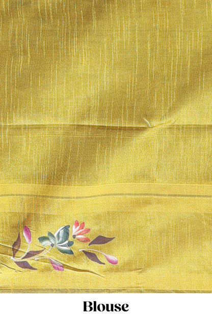 Green checked semi tussar saree with contrast floral vine border and blouse