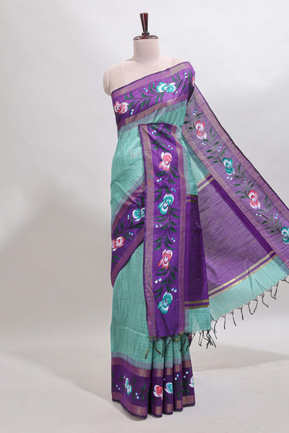 Green checked semi tussar saree with contrast violet floral vine border and blouse