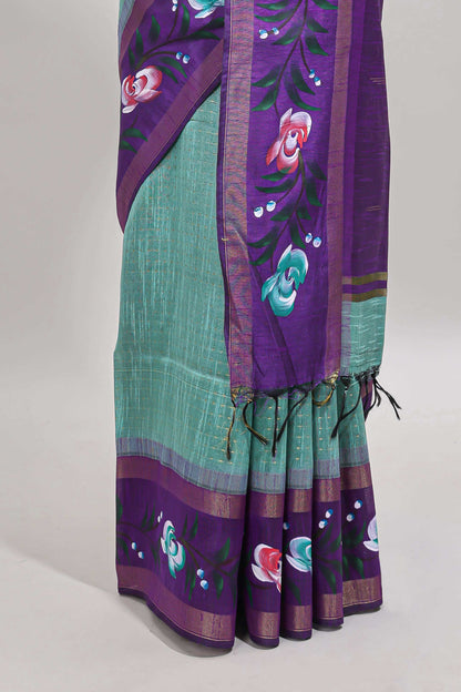 Green checked semi tussar saree with contrast violet floral vine border and blouse