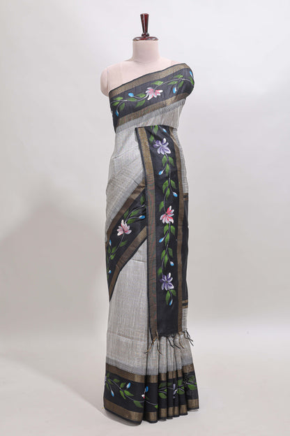 Grey checked semi tussar saree with contrast violet floral vine border and blouse