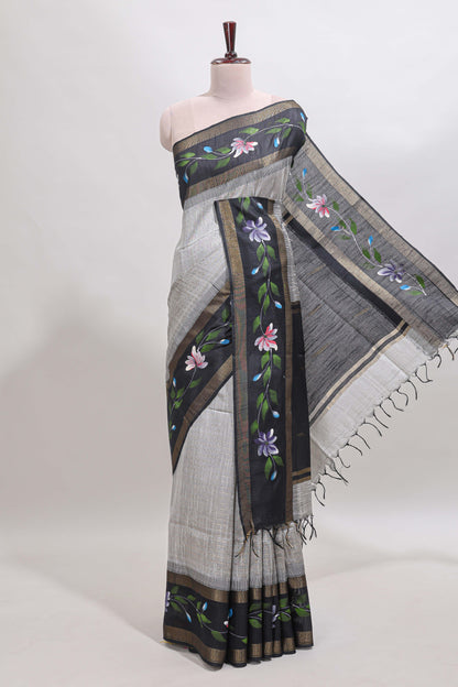 Grey checked semi tussar saree with contrast violet floral vine border and blouse