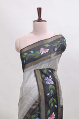 Grey checked semi tussar saree with contrast violet floral vine border and blouse