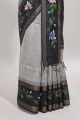 Grey checked semi tussar saree with contrast violet floral vine border and blouse
