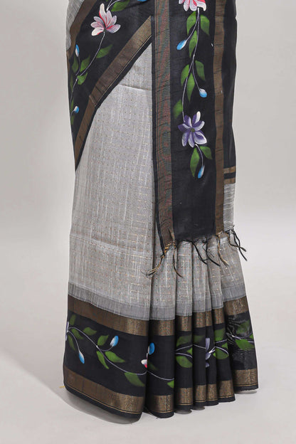 Grey checked semi tussar saree with contrast violet floral vine border and blouse