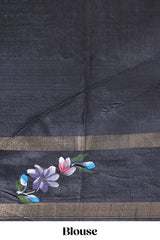 Grey checked semi tussar saree with contrast violet floral vine border and blouse