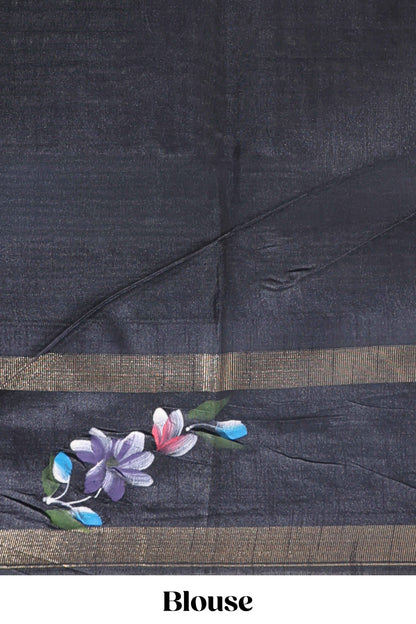 Grey checked semi tussar saree with contrast violet floral vine border and blouse