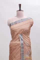 Brown geometric design semi tussar saree with contrast border and matching blouse