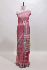 Onion pink geometric design semi tussar saree with contrast border and matching blouse