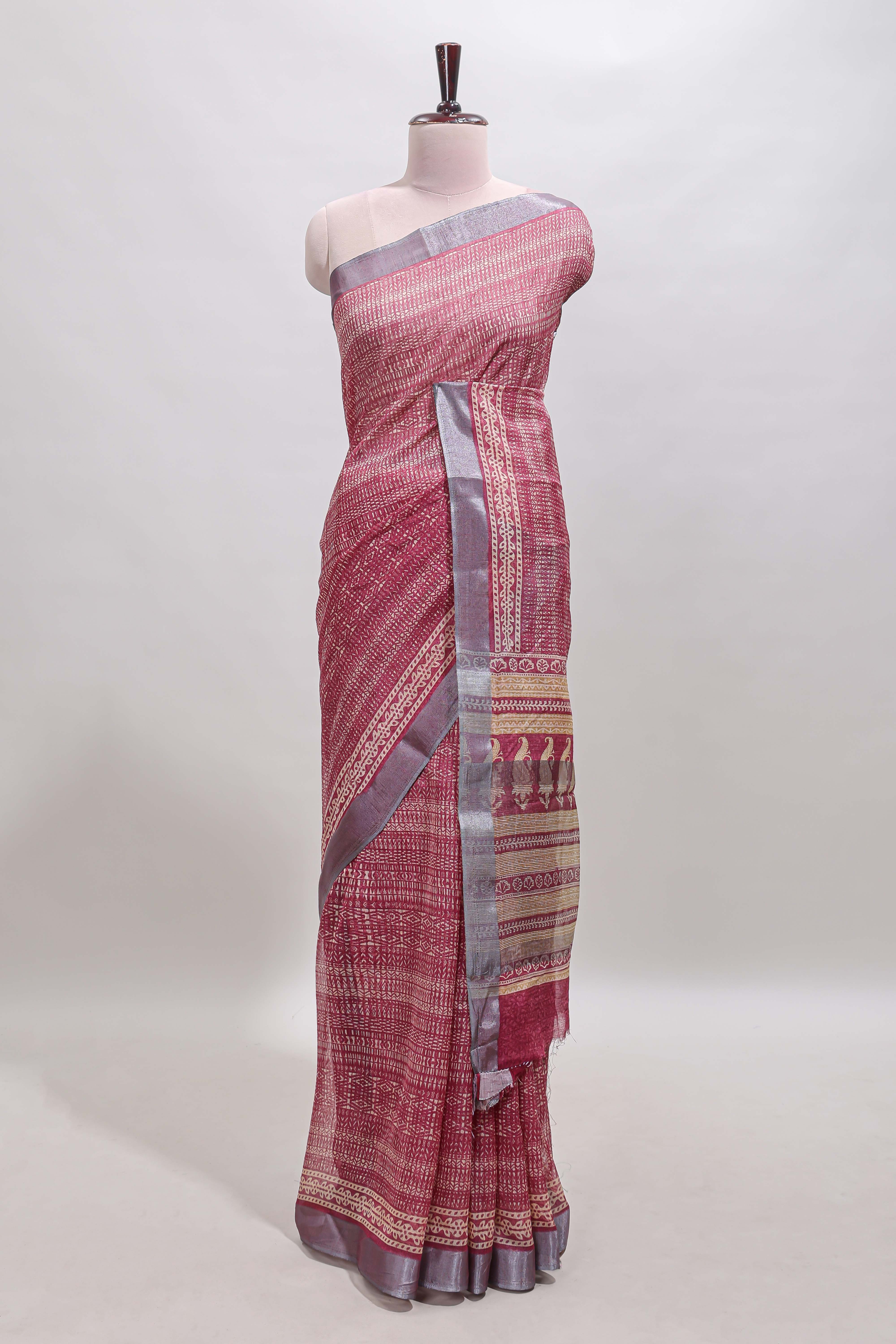 Onion pink geometric design semi tussar saree with contrast border and matching blouse