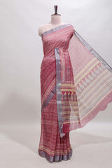 Onion pink geometric design semi tussar saree with contrast border and matching blouse