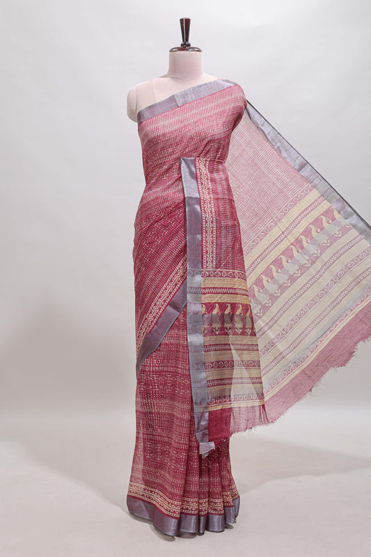 Onion pink geometric design semi tussar saree with contrast border and matching blouse