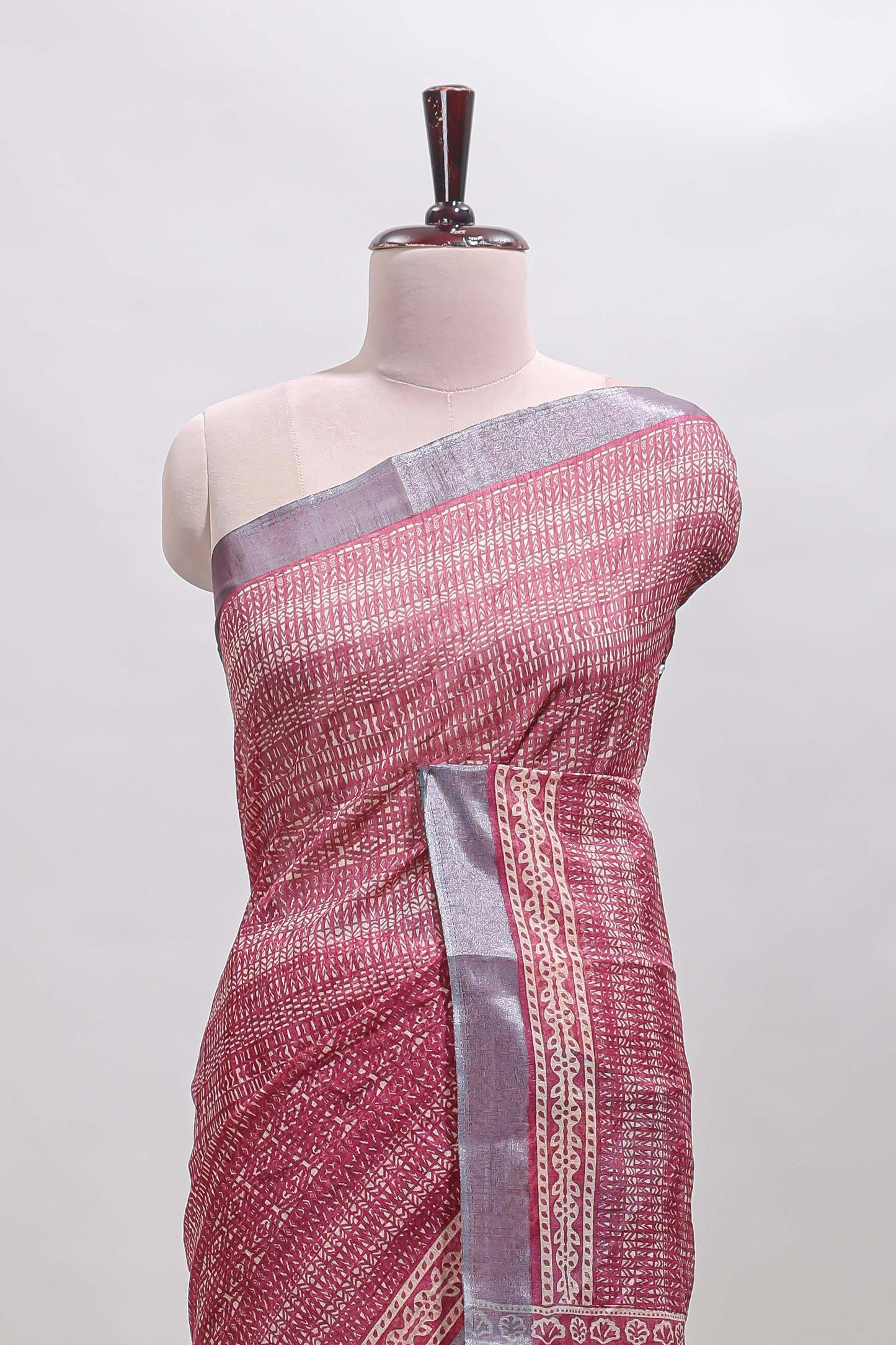 Onion pink geometric design semi tussar saree with contrast border and matching blouse