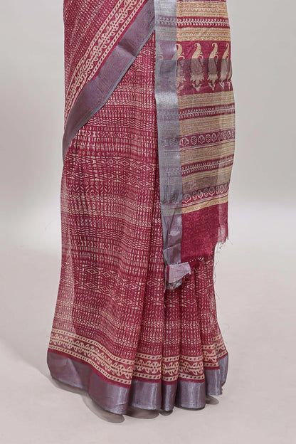 Onion pink geometric design semi tussar saree with contrast border and matching blouse