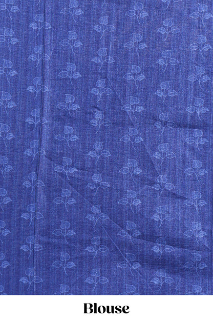 Blue madhubani style floral & peacock design tussar saree with self border and matching blouse