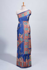 Blue madhubani style floral & peacock design tussar saree with self border and matching blouse