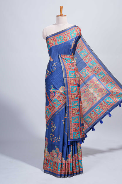 Blue madhubani style floral & peacock design tussar saree with self border and matching blouse