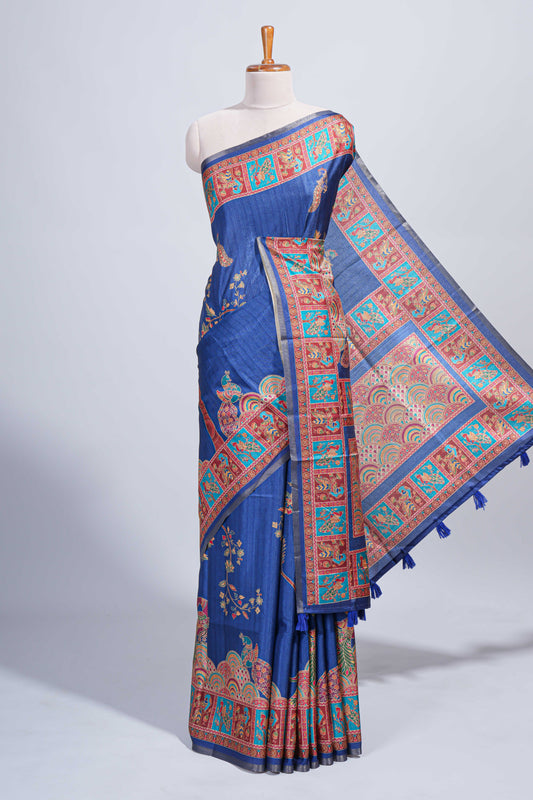 Blue madhubani style floral & peacock design tussar saree with self border and matching blouse