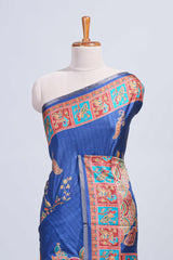 Blue madhubani style floral & peacock design tussar saree with self border and matching blouse
