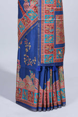 Blue madhubani style floral & peacock design tussar saree with self border and matching blouse