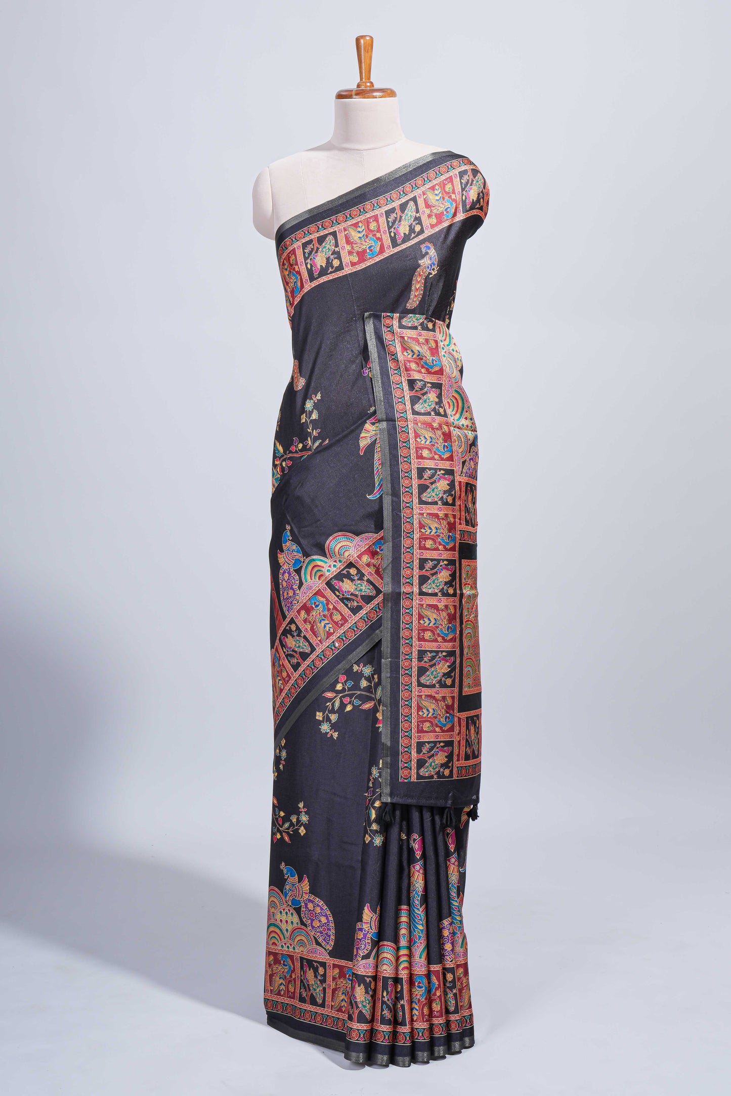 Black madhubani style floral & peacock design tussar saree with self border and matching blouse