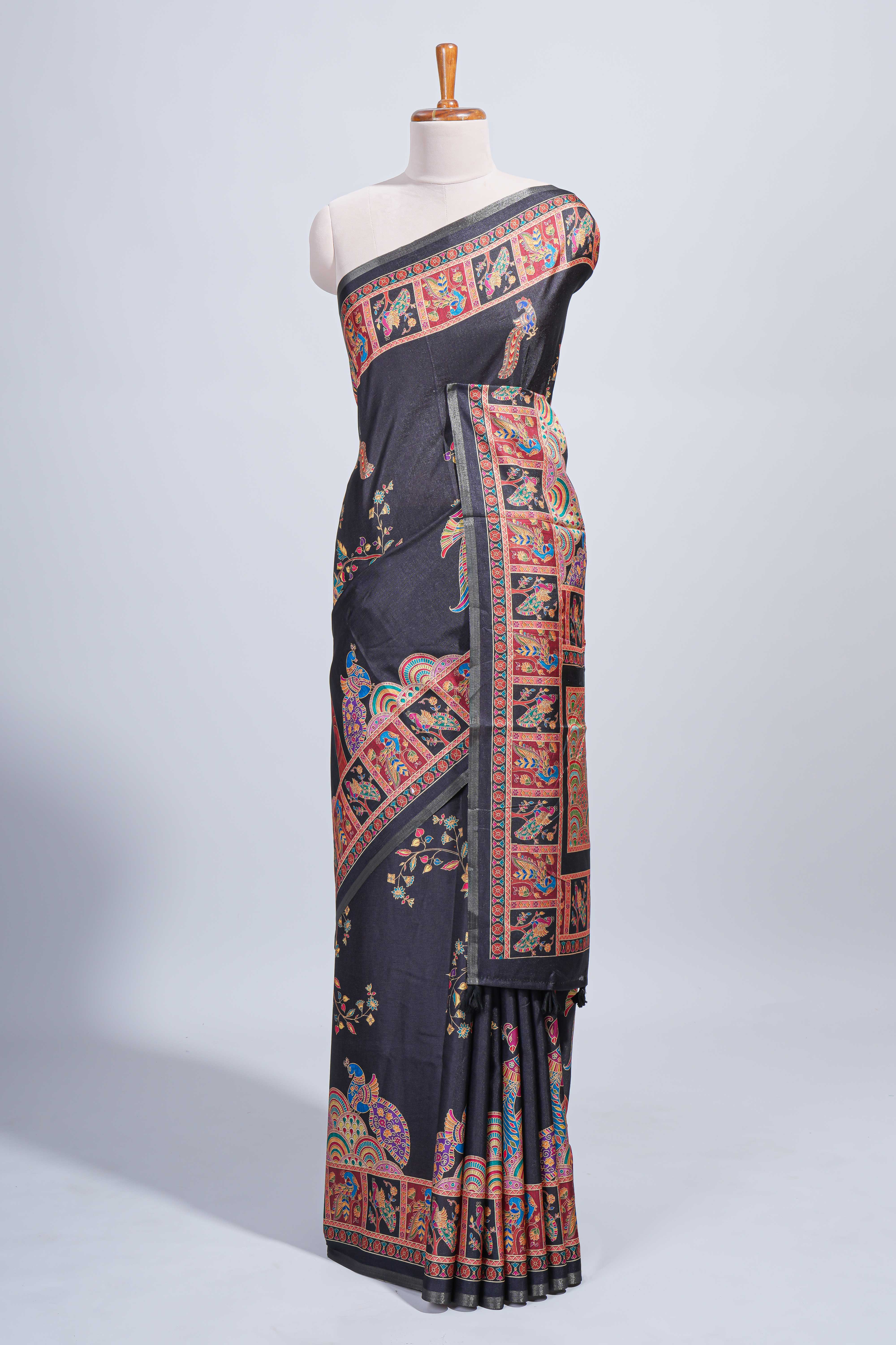 Black madhubani style floral & peacock design tussar saree with self border and matching blouse