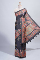 Black madhubani style floral & peacock design tussar saree with self border and matching blouse