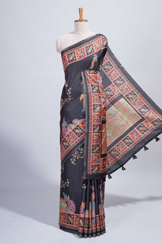 Black madhubani style floral & peacock design tussar saree with self border and matching blouse