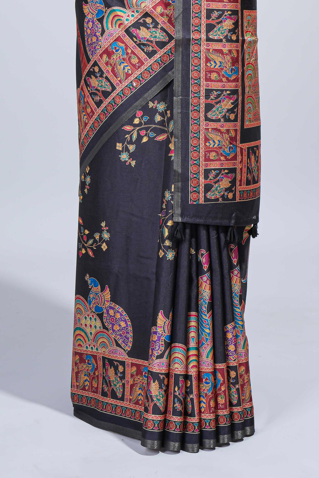 Black madhubani style floral & peacock design tussar saree with self border and matching blouse