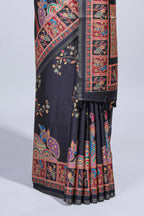 Black madhubani style floral & peacock design tussar saree with self border and matching blouse